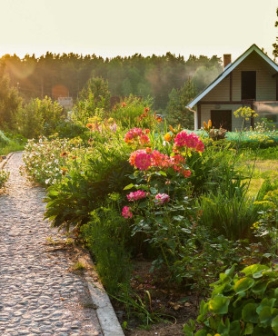 Großer Garten neben einem kleinen Haus